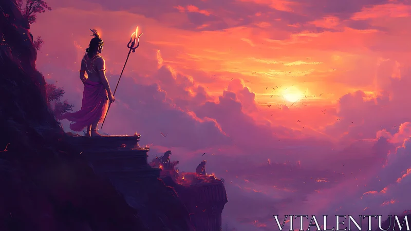 Mythic warrior overlooks sunset valley in cinematic digital painting