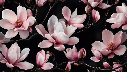 Pink magnolia flowers on dark branches against black background