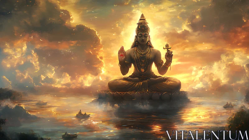 Colossal meditative deity levitates above reflective oceanic sunset