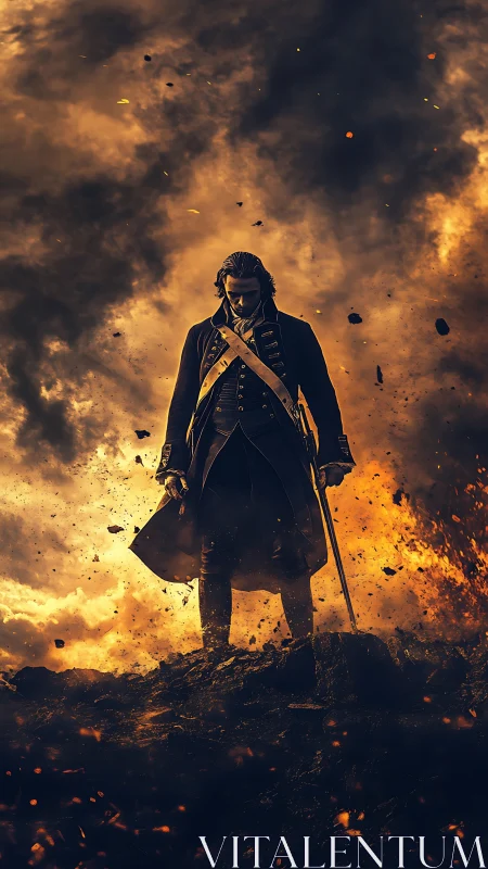 Lone soldier in flaming battlefield stands against chaos.