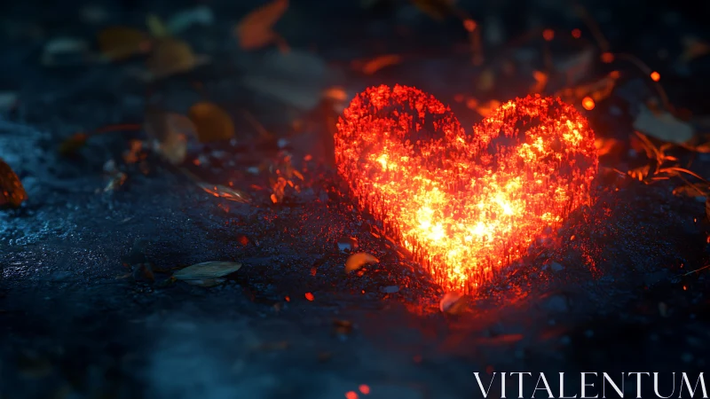 Glowing heart shaped ember burning with intense red and golden light
