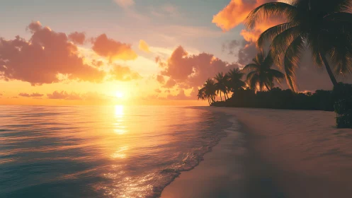 Radiant tropical shoreline under computational sunset lightfield.