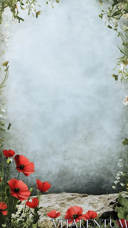 Red Poppies Border Against Weathered Concrete Wall