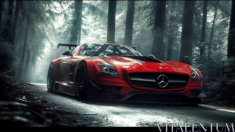 Photorealistic red supercar in dynamic forest road perspective.