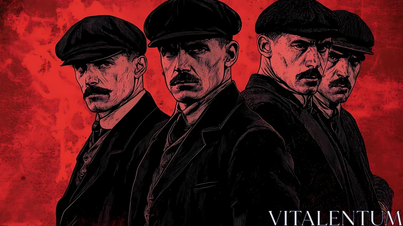 Four men in flat caps stare forward against red background