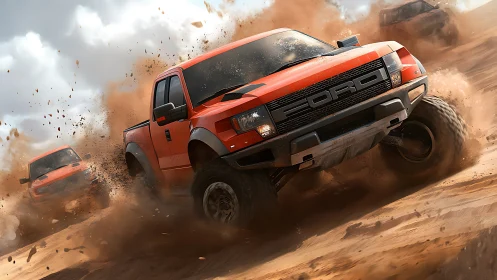 Dusty orange trucks racing through sunlit desert trails.