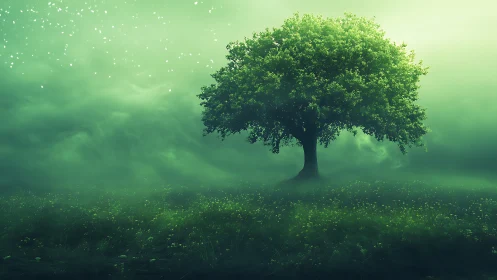 Solitary arboreal structure in luminescent atmospheric field.