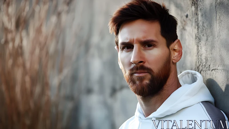 Photorealistic bearded male portrait in soft outdoor sidelight