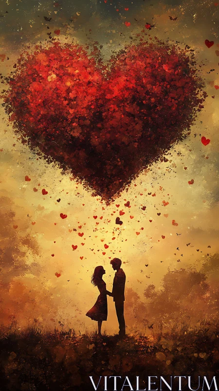 Silhouetted Couple Beneath Fractured Heart Constellation.