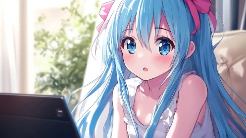 Blue haired daydreamer pauses mid screen scroll in sunlight