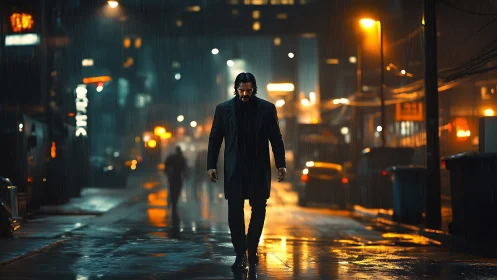 Solitary figure walks through wet urban alley at night in rain