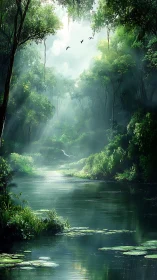 Forest river with aerial fauna and atmospheric light diffusion.