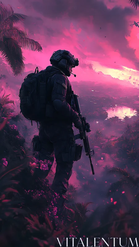 Lone soldier studies neon jungle valley under stormy dusk