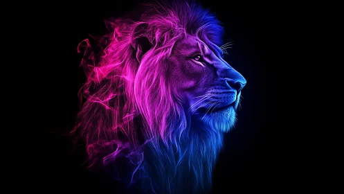 Neon mane monarch gazing through electric midnight hush.