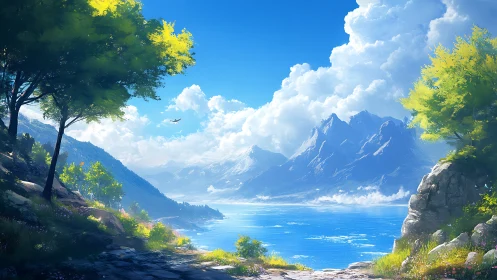 Mountain lake landscape with trees and bright clouds.