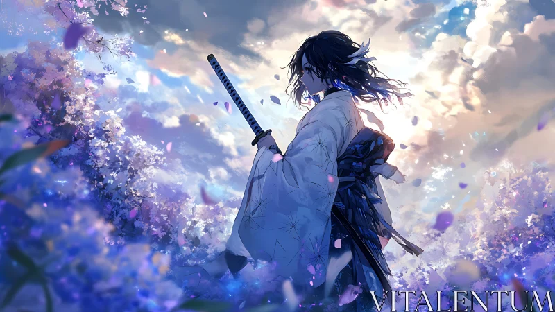 Samurai silhouette in luminous blossom field at dusk.