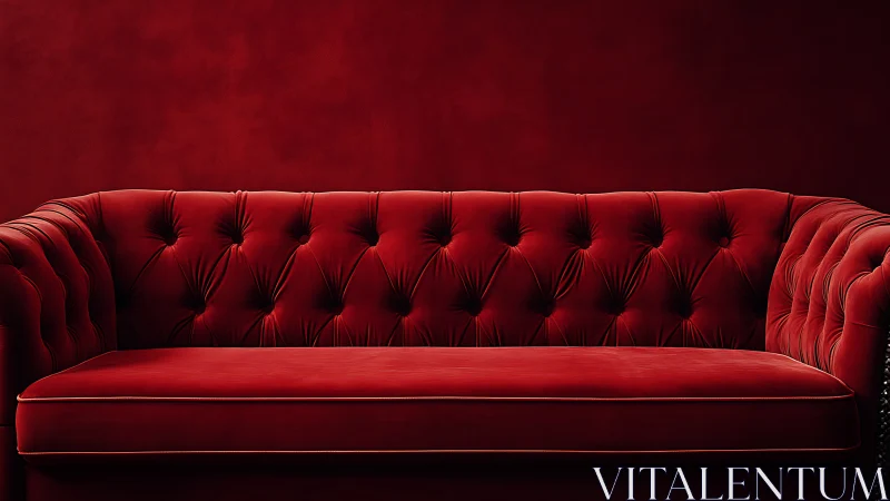Red velvet tufted sofa spans frame against matching wall