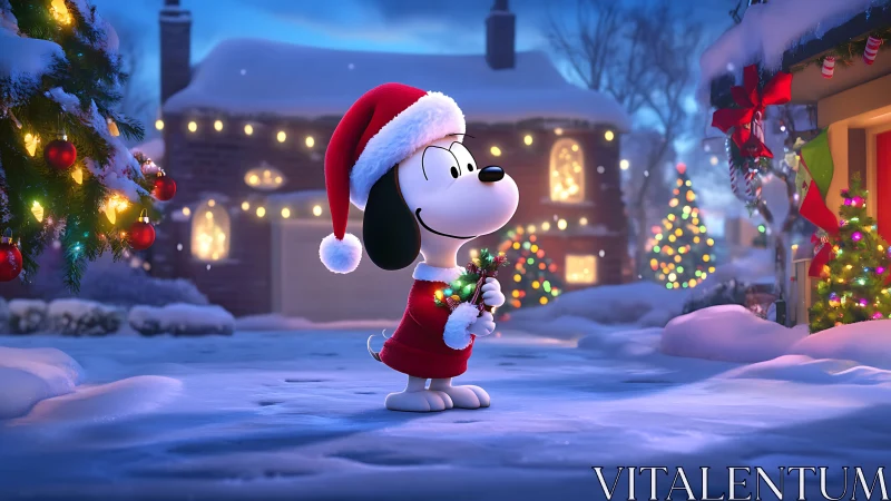 Cartoon dog in Santa outfit stands in luminous snowy courtyard