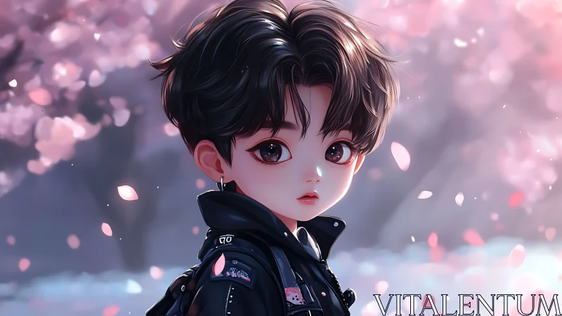 Anime boy in black jacket under pink cherry blossoms.