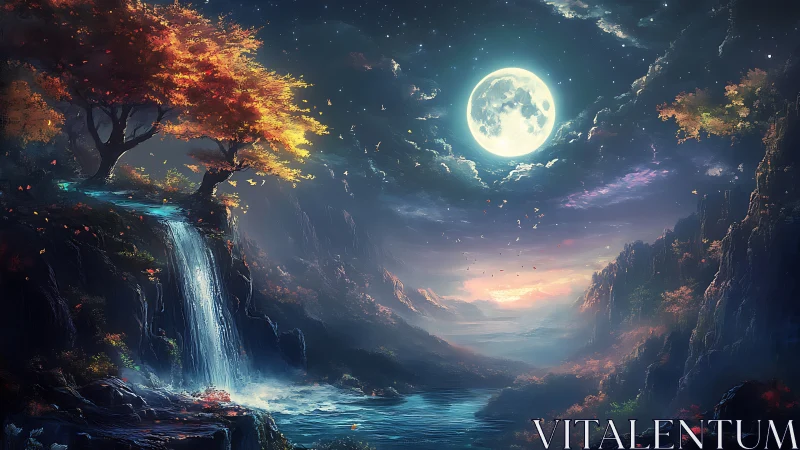 Moonlit waterfall valley glows beneath a vivid twilight sky.