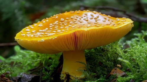 Yellow mushroom close up on mossy forest ground.