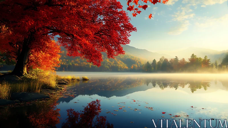 Autumn lake landscape with red tree reflection at sunrise.