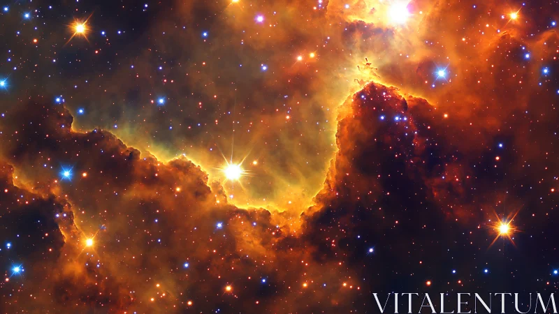 Ionized nebular gas boundary with dense dust clouds and young stars