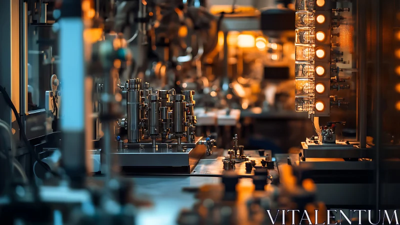 Industrial lab equipment fills a warm lit automated workspace