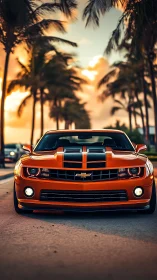 Orange muscle car under palm sunset on coastal road.