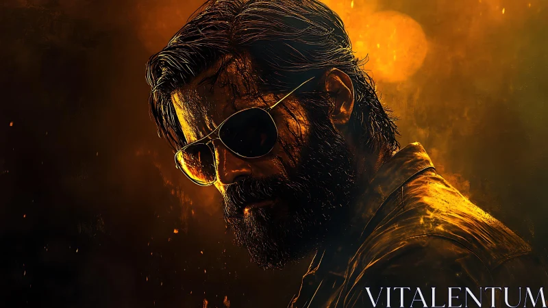 Bearded man in sunglasses under intense golden light.