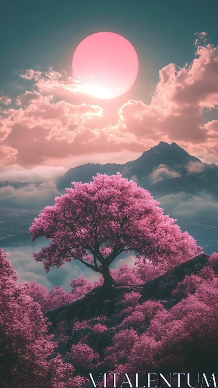 Infrared-toned cherry tree crowns rocky ridge beneath oversized sun