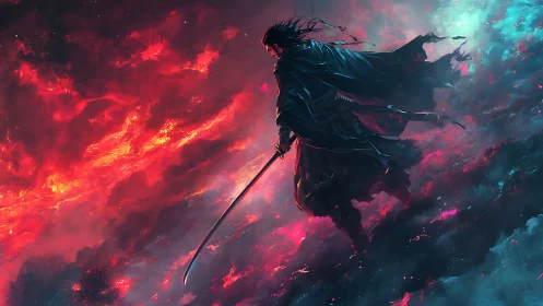 Stormlit katana warrior in bifurcated red cyan nebular sky