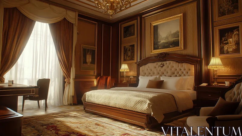 Classic luxury hotel bedroom with warm wood paneling.