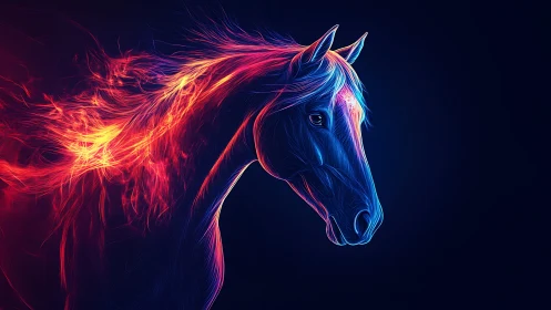 Neon blue horse profile with fiery red flowing mane art