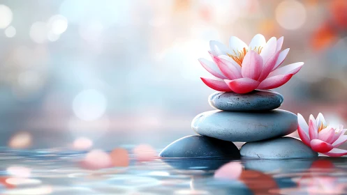 Stacked river stones support pink lotus blooms over reflective water