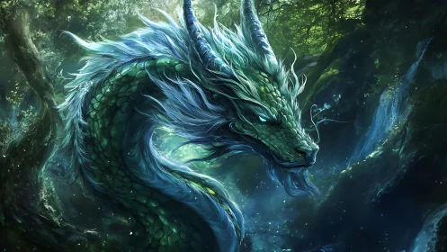Serpentine green dragon amid dense forested ravine environment.