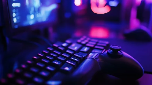 RGB-lit gaming keyboard and controller in neon studio.