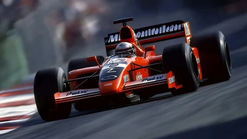 Red Formula race car storms through a sunlit circuit turn