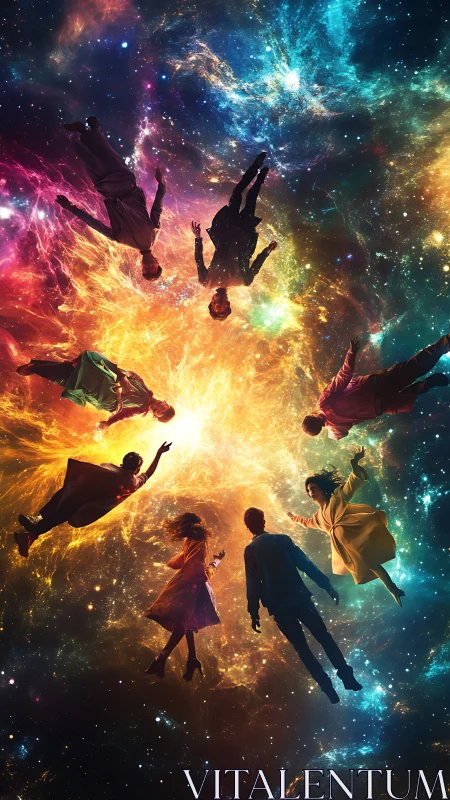 Silhouetted figures float in colorful interstellar clouds