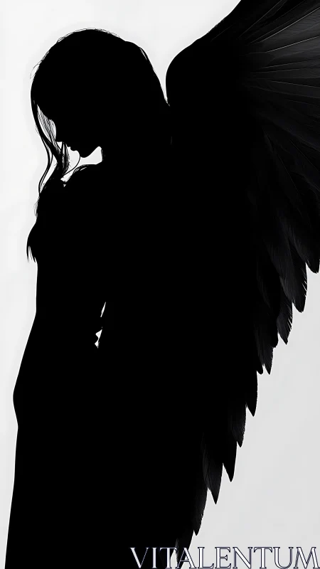 Silhouette of winged figure in side profile against white.