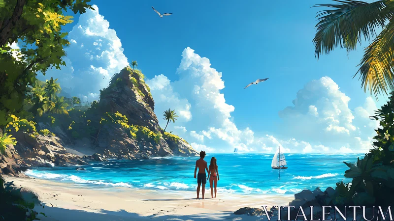 Tropical Beach Escape: Two Figures Stand Before Azure Waters.