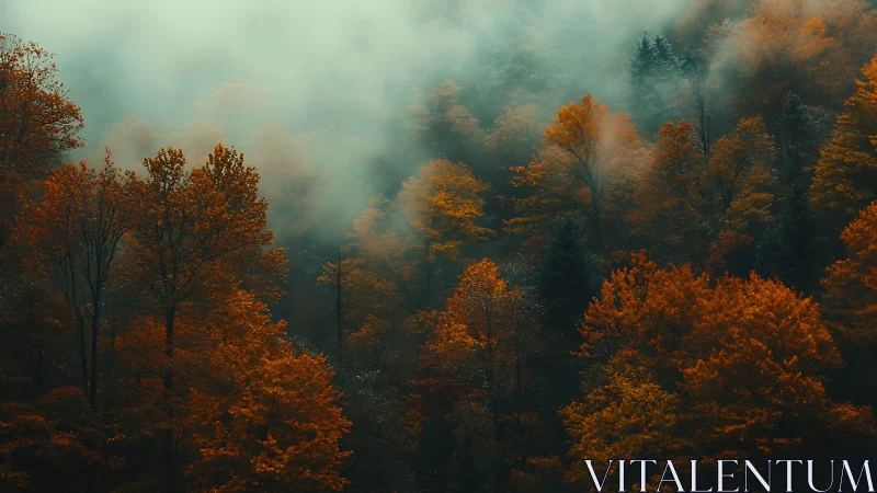 Misty Autumn Forest Enveloped in Fog and Golden Light