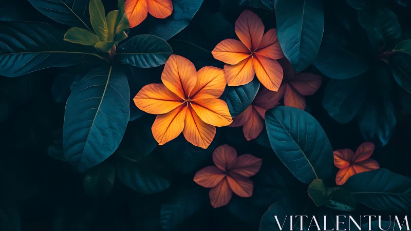Vibrant Orange Flowers Against Deep Teal Foliage.