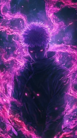 Dark anime sorcerer stands within swirling violet flames.