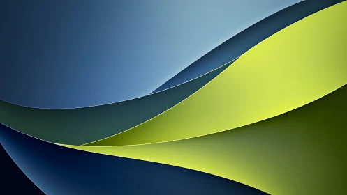 Curved lime and blue ribbons in layered abstract motion.