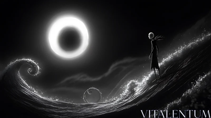 Lone spectral figure walks surreal moonlit tidal waves.