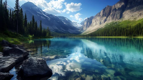 Mountain lake mirror with turquoise water and pines.