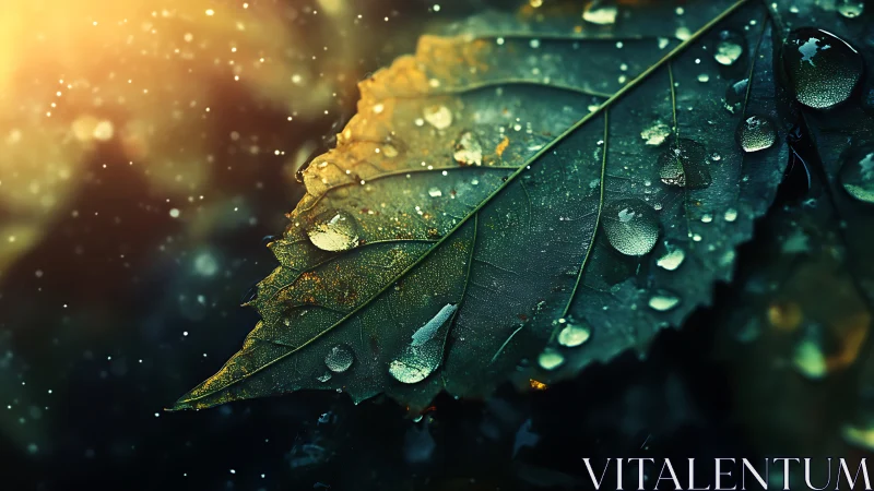 Sun-soaked raindrop constellations on a twilight leaf.