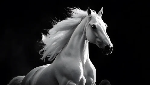 White stallion in dramatic monochrome studio lighting.