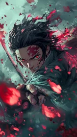 Dynamic anime swordsman in crimson motion blur composition.